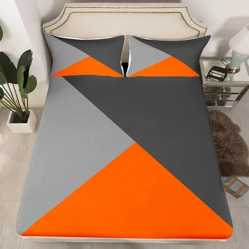 Vista 3 de Juego de sábanas de triángulo geométrico, color naranja, gris oscuro, gris claro, juego de ropa de cama individual para adolescentes y niñas, juego