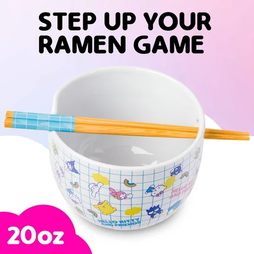 Vista 44 de Silver Buffalo Hello Kitty y sus amigos Chococat - Tazón de cerámica para ramen y arroz con palillos, patrón a cuadros, apto para microondas, 20