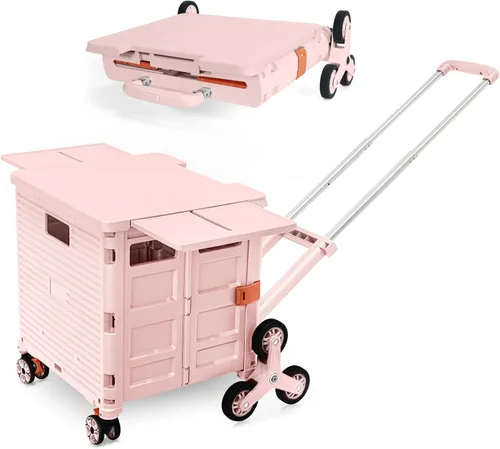 Vista 13 de Carrito plegable portátil con ruedas para compras, 4 ruedas giratorias con mango telescópico de plástico duradero y resistente, para viajes