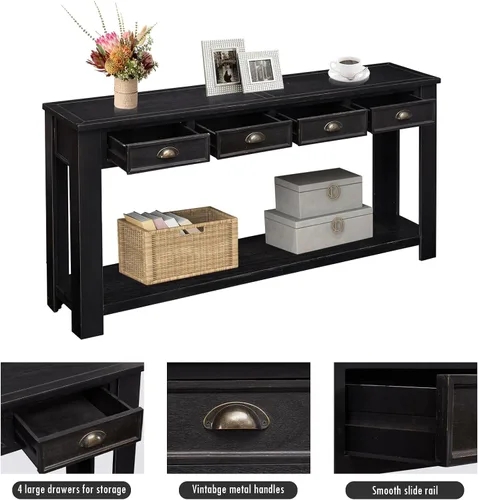 Vista 6 de kinbor Mesa consola larga para sofá, mesa de sofá de madera, mesas de entrada con 4 cajones y estante de almacenamiento para entrada, pasillo, sala