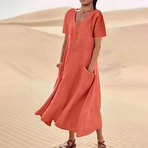 Vista 3 de Ceboyel Vestido largo de lino y algodón para mujer, de manga corta, con botones, holgado, ajustado, con vuelo, ropa de verano