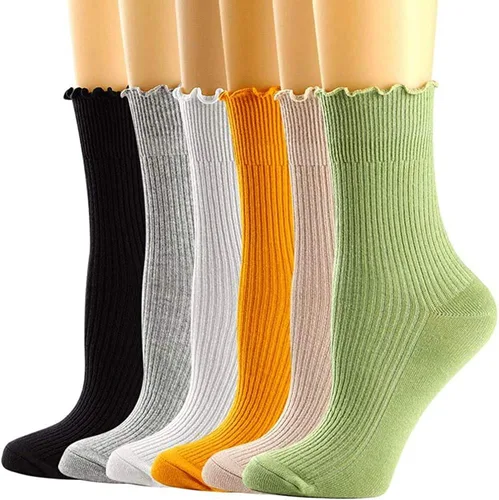 Vista 18 de Mcool Mary Calcetines para mujer, con volantes, estilo casual, transpirables, de punto, de algodón, con volantes, paquete de 6