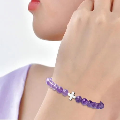 Vista 4 de Positive Lady Pulsera de amatista natural de 16.5 pulgadas con plata de ley 925 con alas de ángel cruzadas de cuatro hojas, corazón de trébol