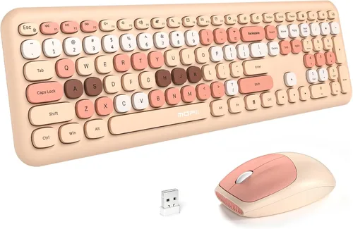 Vista 8 de MOFII Combo de teclado y mouse inalámbricos, teclado retro con teclas redondas de colores, conexión USB Plug Play de 2.4 GHz para PC, laptop