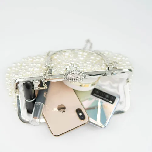 Vista 3 de Ofuleo Bolsos de mano de perlas de lujo, bandolera de cristal para mujer, para boda, noche, fiesta casual, Blanco
