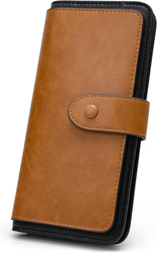 Vista 7 de Cartera de cuero con bloqueo RFID para mujeres, diseño delgado de triple pliegue con 14 ranuras para tarjetas y bolsillo con cremallera, Negro