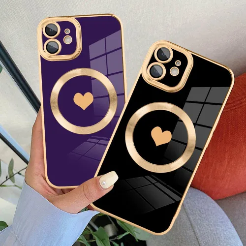 Vista 3 de tharlet Funda Magnética para iPhone 11 [Compatible con Magsafe] Lindo Corazón de Amor de Lujo Chapado Borde Dorado Parachoques con Lente de Cámara