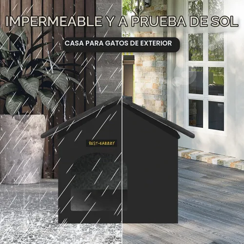 Vista 2 de Rest-Eazzzy Casa para gatos al aire libre, resistente a la intemperie y aislada, con alfombrilla y toldo, fácil de poner, refugio para gatos Negro