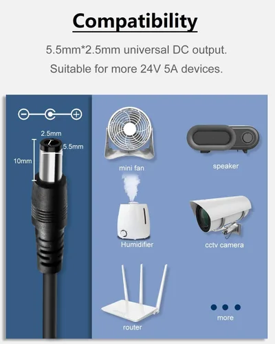 Vista 5 de Fuente de alimentación regulada DC 24V 5A, adaptador de CA 100-240V 50-60Hz a CC 24 voltios 5 amperios, cable adaptador de corriente con conector