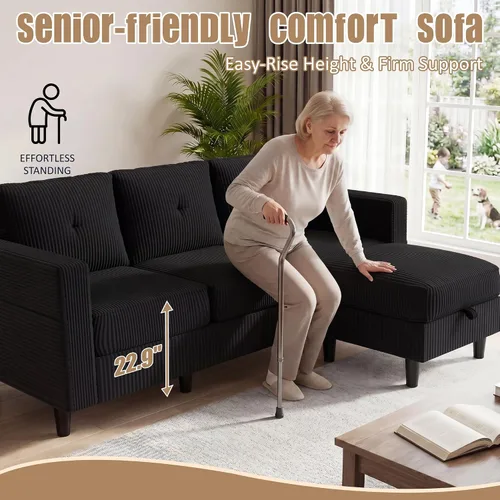 Vista 5 de Sofás Seccionales Convertibles para Sala de Estar, Sofá en Forma de L, Juego de Sofá Seccional de 3 Asientos con Tela de Pana y Otomán Móvil, Sofá