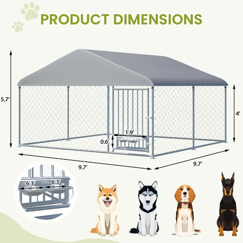 Vista 2 de 10FT x 10FT Outdoor Dog Kennel with Roof, Outside Dog Run Fence with Rotated Dog Bowls, Large Dog House Pen Enclosure with Secure Lock&Textilene Door