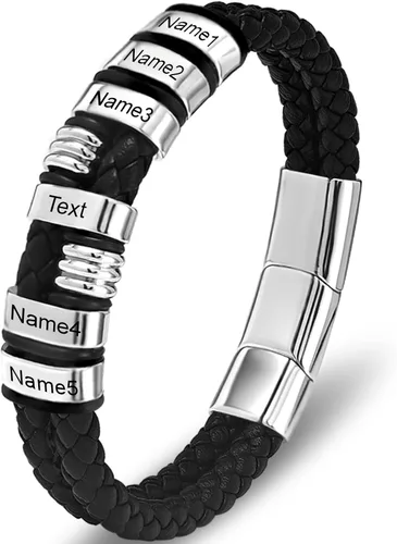 Vista 8 de Pulsera personalizada para hombre con cuentas de nombre personalizadas, pulsera de cuero trenzado personalizada grabada con 2-6 nombres