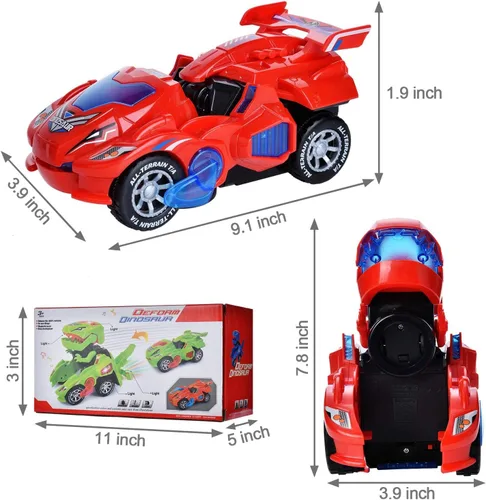 Vista 6 de Juguetes transformadores 2 en 1, dinosaurio transformador LED 2 en 1, auto transformador de dinosaurio automático, lámparas de coche de juguete