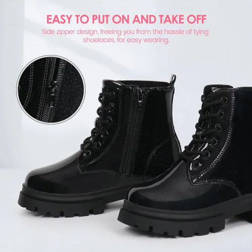 Vista 3 de starmerx Botas de tobillo para niñas, botas de combate con cordones y cremallera lateral, cómodas botas para niños