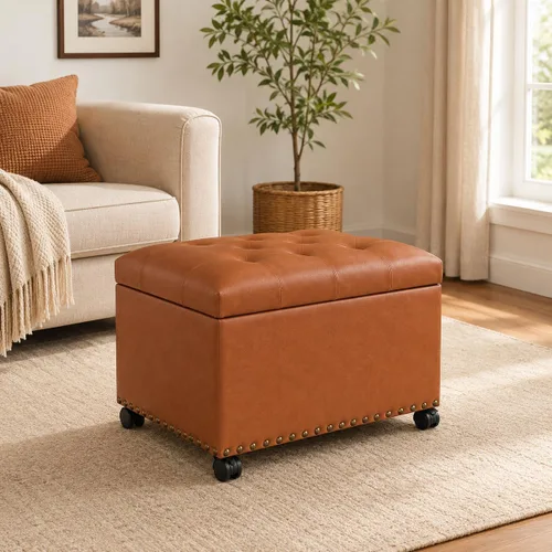Vista 13 de Otomana de cuero con almacenamiento, 24 pulgadas, reposapiés otomanos con tapa con bisagras, taburetes tapizados rectangulares, con cabeza de clavo
