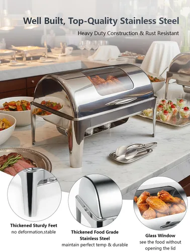 Vista 3 de Platos de roce con parte superior enrollable de 13QT para buffet: Calentador de alimentos para catering para fiestas, cumpleaños, bodas, Navidad, 1
