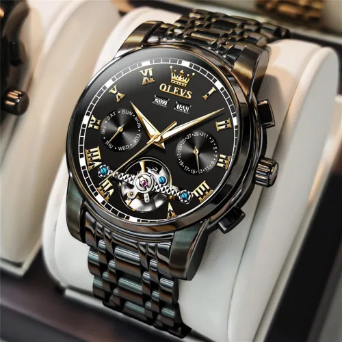 Vista 7 de OLEVS Reloj automático para hombre, cuerda automática, mecánica, de lujo, de acero inoxidable, multicalendario, impermeable, luminoso, reloj