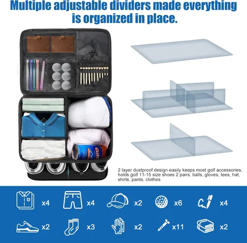Vista 4 de Organizador de maletero de golf para coche SUV con compartimento para zapatos y divisor Bolsa de almacenamiento de golf de 2 capas para bolas