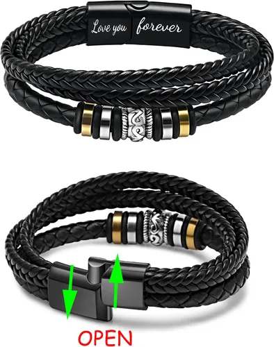 Vista 5 de Pulsera de cuero negro para hombre con correa de piel negra para hombre