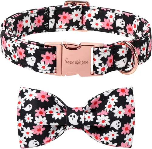 Vista 20 de Unique style paws Collar de perro de algodón con lazo, collar para cachorro con cuadrícula negra y azul para perros pequeños, medianos y grandes