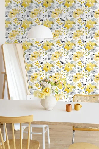 Vista 5 de Toduso Papel Tapiz Floral Despegar y Pegar Papel Tapiz Amarillo/Gris/Blanco Acuarela Papel de Contacto Autoadhesivo Removible Papel Tapiz Forros