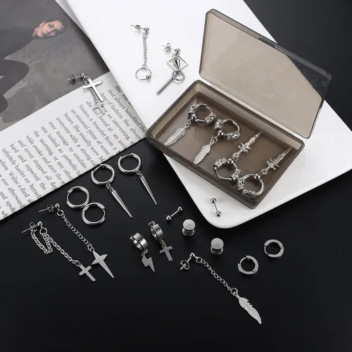 Vista 5 de Fiasaso Juego de 22 aretes colgantes de acero inoxidable con bisagras de aro de cadena larga aretes colgantes de cruz para hombre color negro
