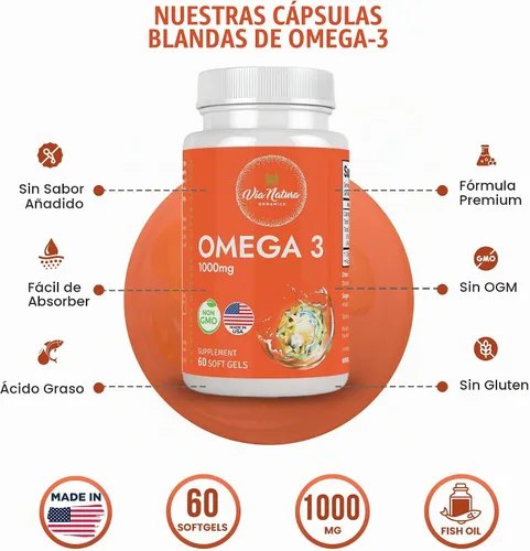 Vista 3 de Omega 3 1000mg Aceite de pescado Ácidos grasos EPA y DHA Sin OMG 60 cápsulas blandas