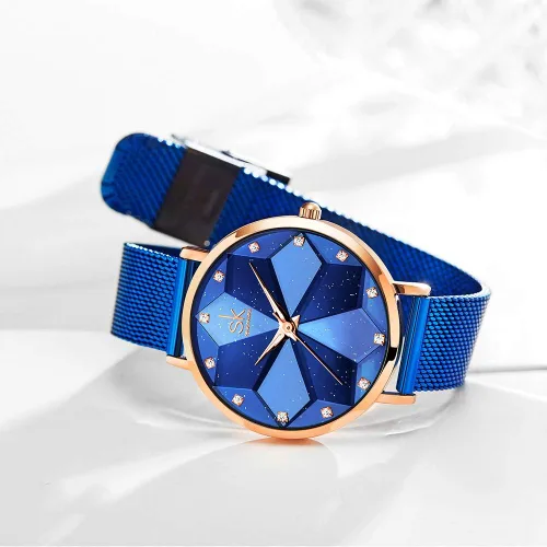 Vista 2 de SK Shengke - Reloj ultra delgado de creativo diseño minimalista, floral o de cielo estrellado con extensibles de piel genuina o acero