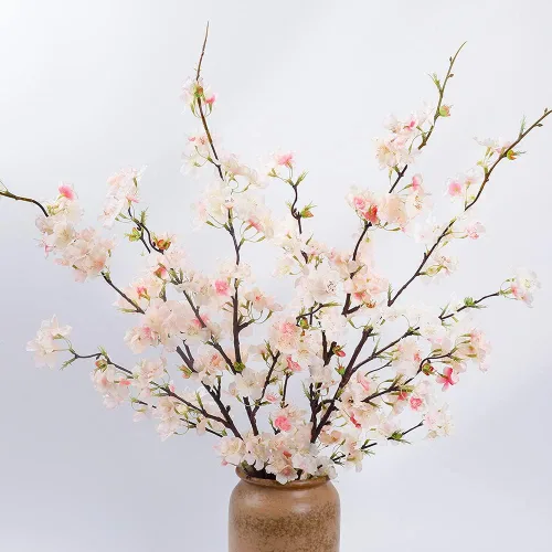 Vista 6 de LESING 4 tallos artificiales de flor de cerezo de 41.4 pulgadas, tallos largos realistas de seda falsa, ramas de flores artificiales para mesa