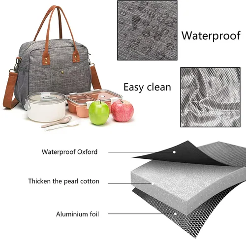 Vista 3 de Bolsa de almuerzo para mujer, bolsa de almuerzo impermeable con correa de hombro ajustable, trabajo (gris)