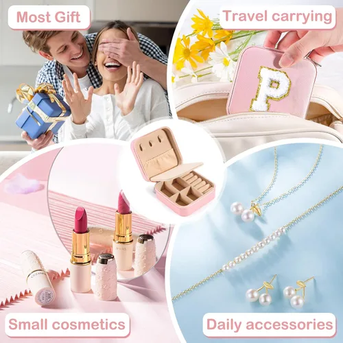 Vista 2 de URSKYTOUS Joyero pequeño de viaje con joyero con inicial, mini organizador de joyas para mujeres, portátil, personalizado, adolescente, niñas