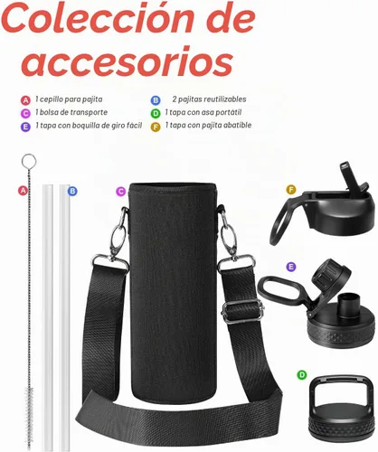 Vista 7 de Coolflask Botella de agua de 24 onzas aislada con pajilla, 3 tapas de metal de acero inoxidable, botella de agua de boca ancha para deportes u