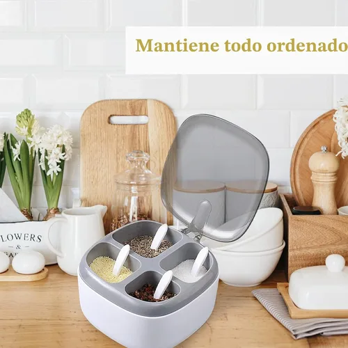 Vista 5 de Caja de condimentos con tapa y cuchara, 4 compartimentos para especias con asa, tarros de condimentos de cocina casera para azúcar, sal y pimienta