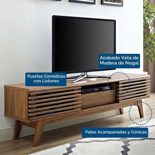 Vista 6 de Mueble para televisor de 59 pulgadas Modway, de estilo moderno de mediados de siglo con perfil bajo, color nogal