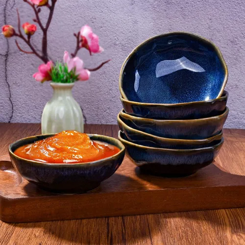 Vista 5 de Juego de 6 platos de cerámica para salsa de soja para condimentos de sushi (horno azul)