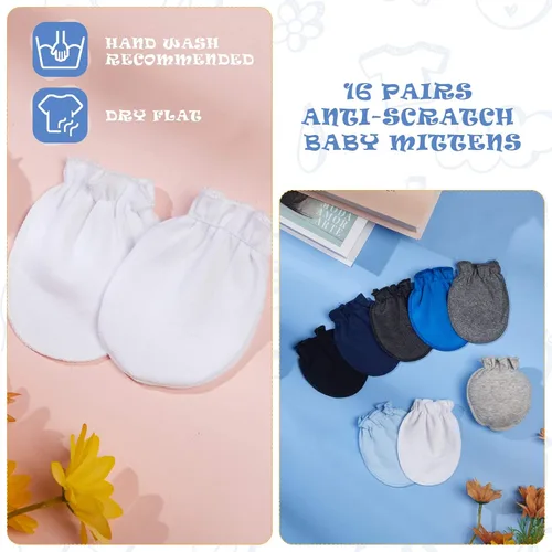 Vista 3 de 16 pares de manoplas de algodón para recién nacidos sin arañazos, guantes unisex para recién nacidos para bebés niños y niñas de 0 a 6 meses