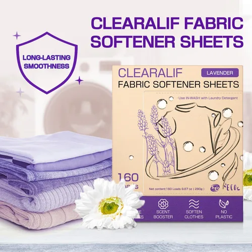 Vista 2 de CLEARALIF Hojas suavizantes de tela para lavandería, aroma a lavanda, 160 cargas, respetuoso del medio ambiente, ideal para viajes, apartamentos