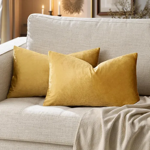 Vista 6 de GIGIZAZA - Juego de 2 fundas de almohada decorativas de terciopelo dorado de 12 x 20 pulgadas, para sofá 2-Dorado