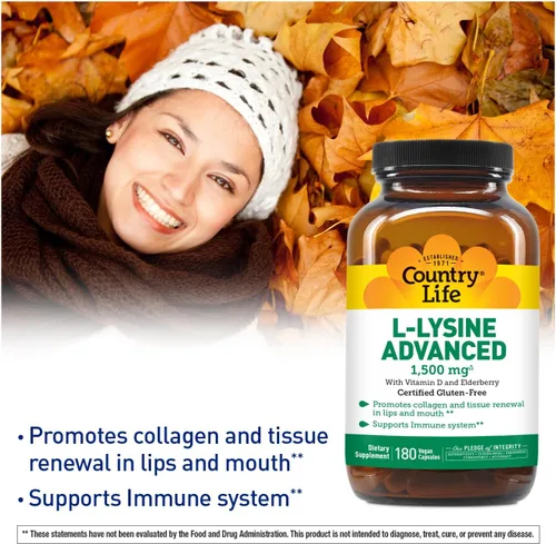 Vista 5 de Country Life Cápsulas de L-lisina de 1500 mg con vitamina D y saúco - Apoyo inmunológico avanzado y renovación del colágeno - Certificado sin gluten