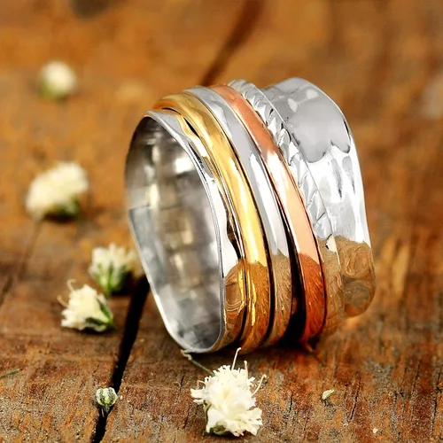 Vista 8 de Boho-Magic Anillo giratorio para mujer, plata de ley 925, con cobre y latón, anillos de plata