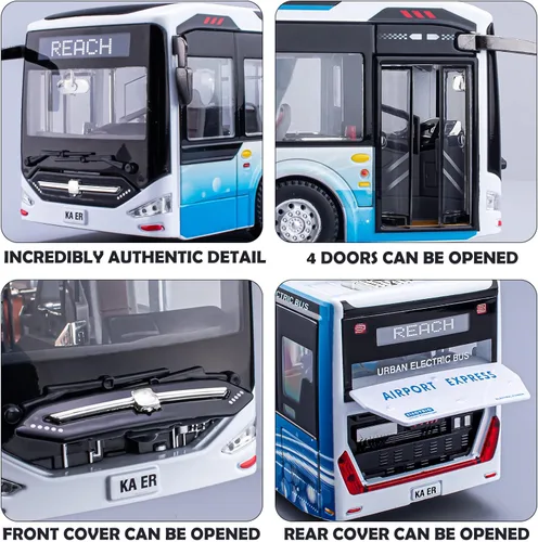 Vista 3 de Juguetes de autobús de fundición a presión 1/42, vehículos de juguete de autobús urbano de metal con luces y puertas que se abren para niños