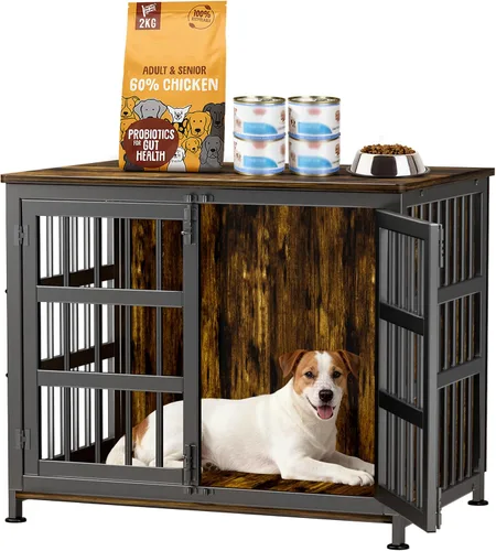 Vista 10 de Jaula para perros de 26 pulgadas, jaulas para perros de razas grandes, jaulas para perros interiores de madera, mesa auxiliar, jaula combinada