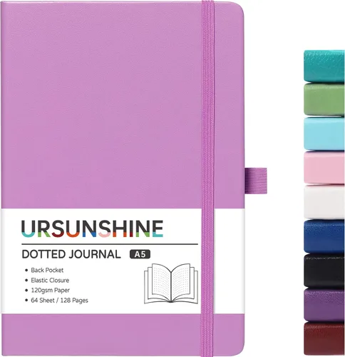 Vista 48 de Cuaderno punteado, diario, 5.3 x 8.26 pulgadas, tapa dura, prémium, papel grueso, doble espiral, bandas, cuero negro sintético, lazo para bolígrafo
