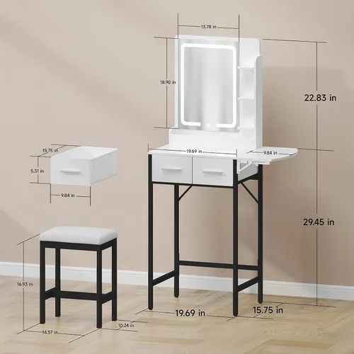 Vista 7 de Pequeño escritorio de tocador para espacio pequeño: juego de mesa de maquillaje compacto para dormitorio pequeño - Vanidad que ahorra espacio
