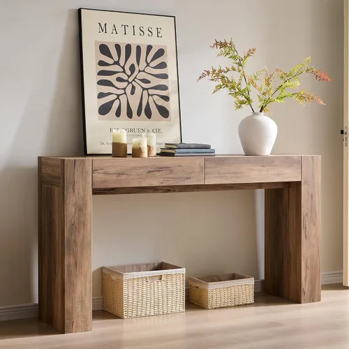 Vista 9 de OKD Moderna mesa consola de entrada, mesa de sofá con cajones, mesa de pasillo de 63 pulgadas de largo detrás del sofá, diseño de madera gruesa
