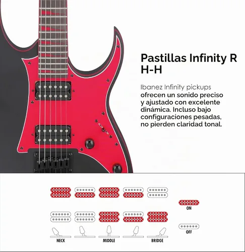 Vista 8 de Ibanez GRG131DX - Negro Mate Infinity R humbuckers con selector de 5 vías y 24 trastes jumbo para rock, metal y práctica