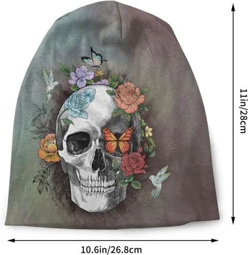 Vista 4 de Gorro de punto con diseño de calavera de azúcar y flores, para adultos, cálido, holgado, regalo para hombres y mujeres
