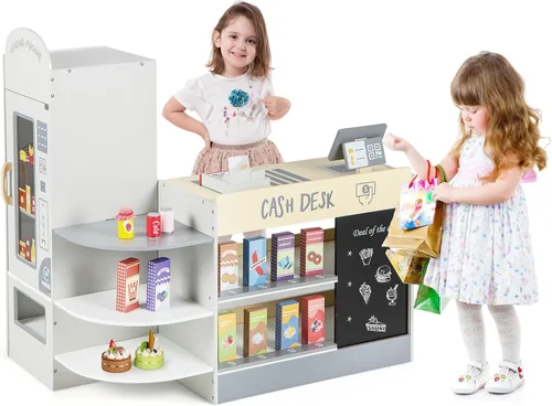 Vista 12 de Costzon Juego de simulación para tienda de comestibles, tienda de juegos de madera, juego de supermercado para niños pequeños con caja registradora