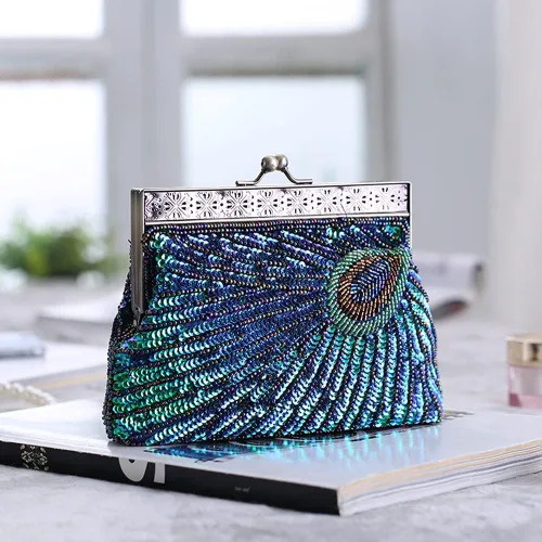 Vista 6 de Adoranda Bolso de noche vintage de los años 20 bolso de mano para mujer cadena de lentejuelas para novia bolso de hombro para boda y fiesta azul