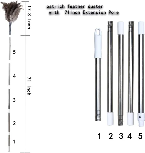 Vista 2 de Midoneat Plumero de plumas de avestruz gris con poste extensible de 71 pulgadas, plumero de microfibra para limpieza del hogar